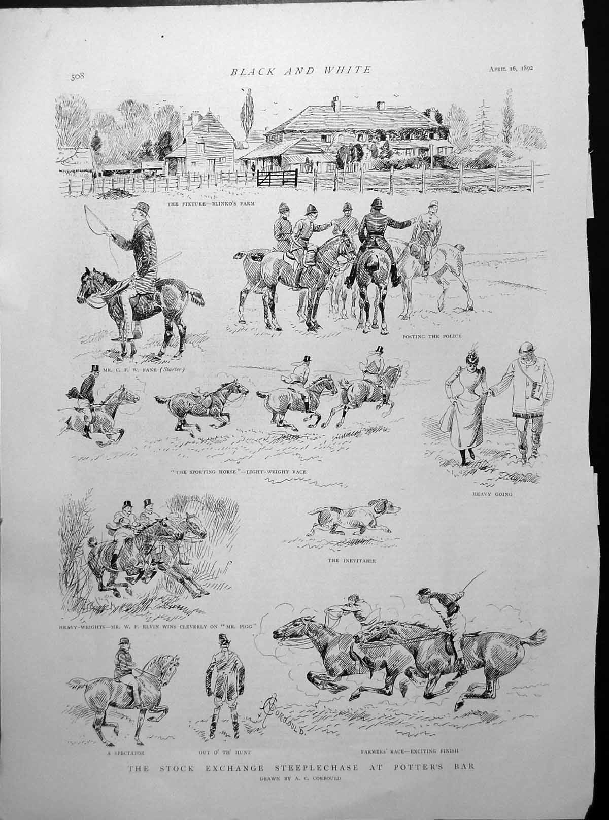 Antique Old Print Stock Exchange Steeplechase Potter'S Bar Ac Corbould 1892