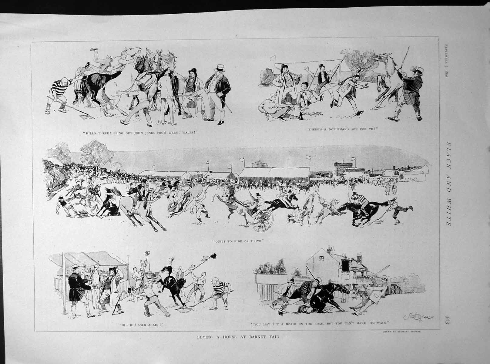 Antique Old Print Buying Horse Barnet Fair Amusing Scenes Trading Riders 1891