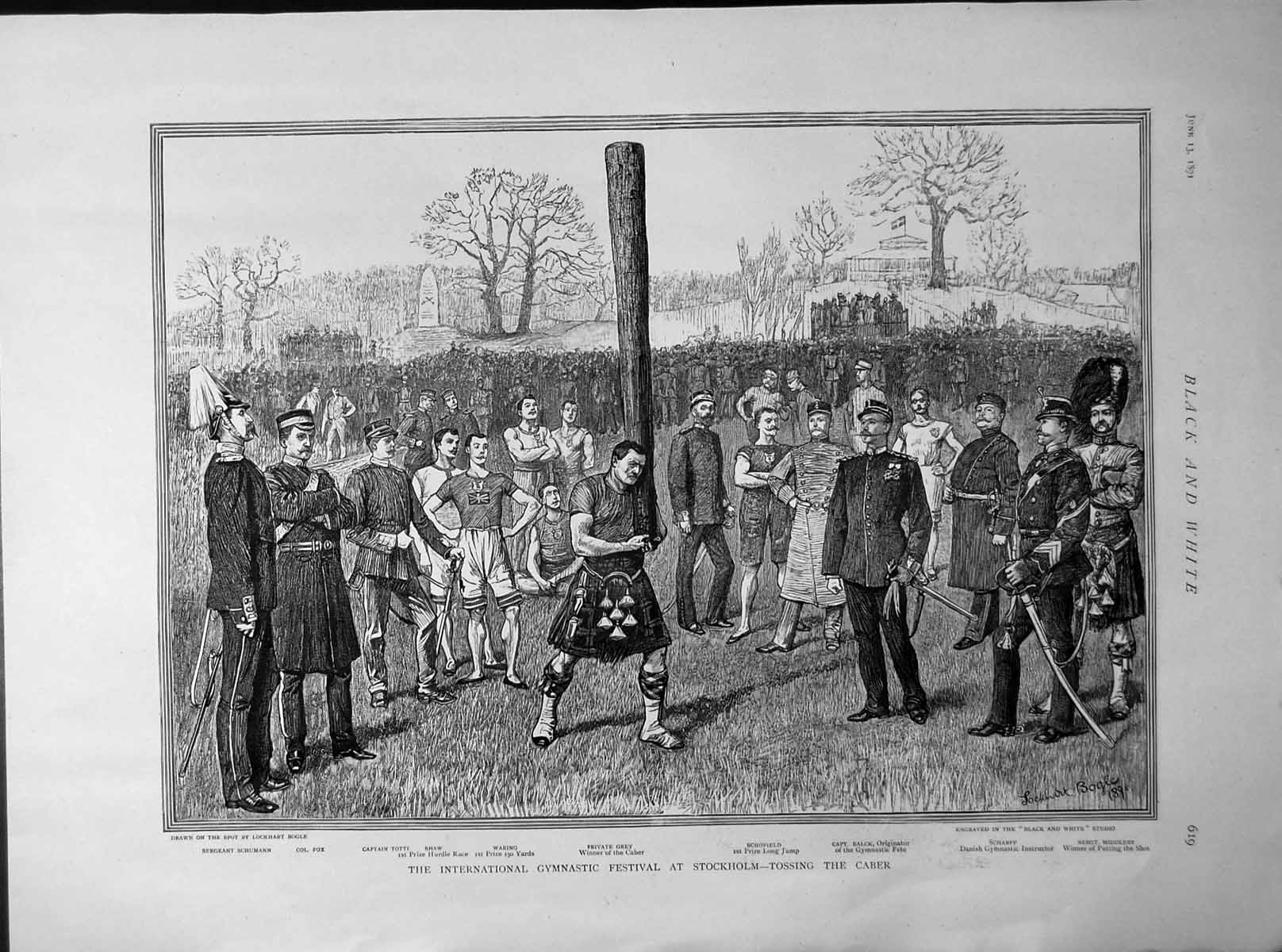 Antique Print International Gymnastic Festival Stockholm Tossing Caber 1891