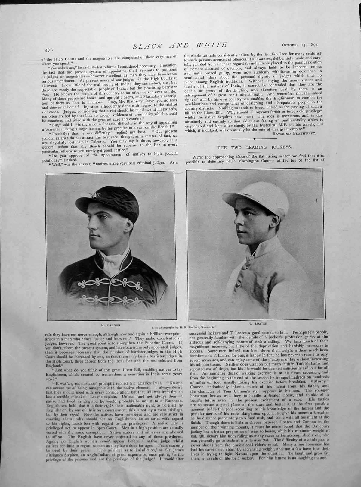 Old Print M Cannon T Loates Jockeys Sir C Paul Calcutta High Court 1894 19th