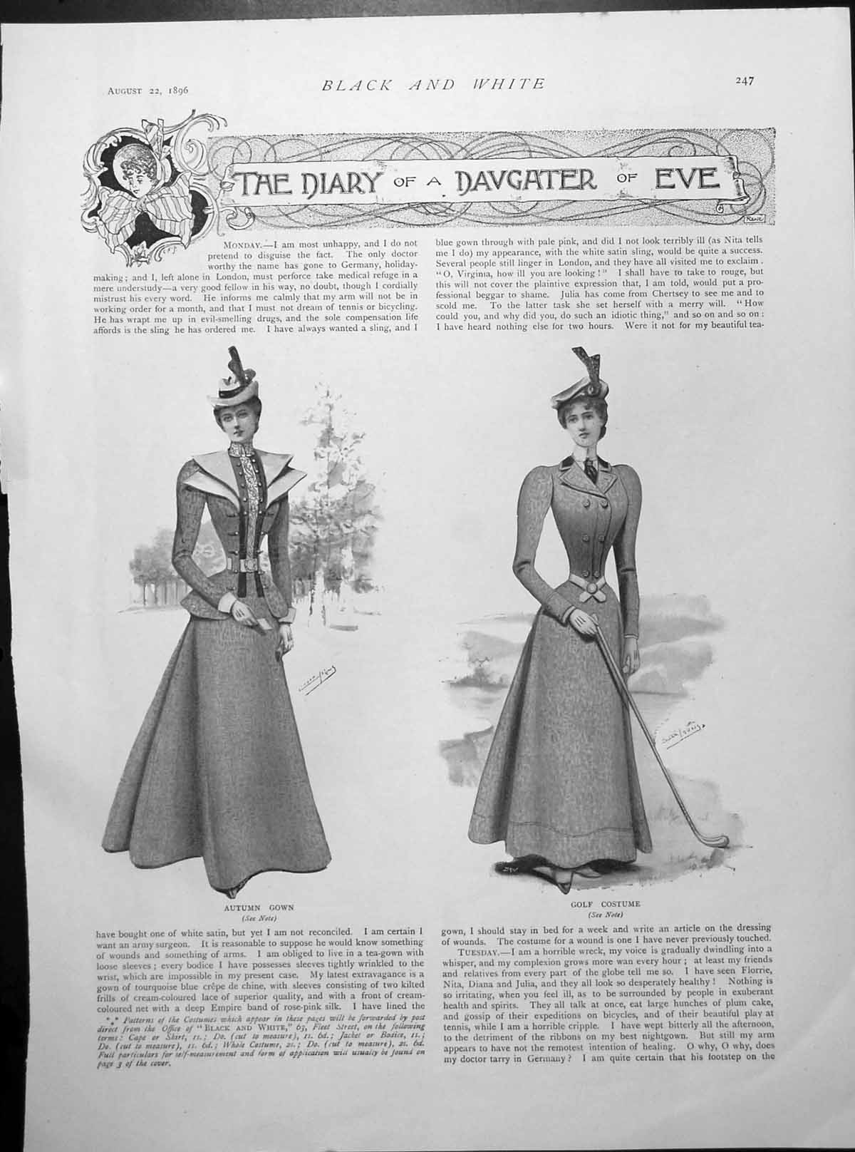Old Antique Print Muslin Frock Age Woman Autumn Gown Golf Costume 1896 19th