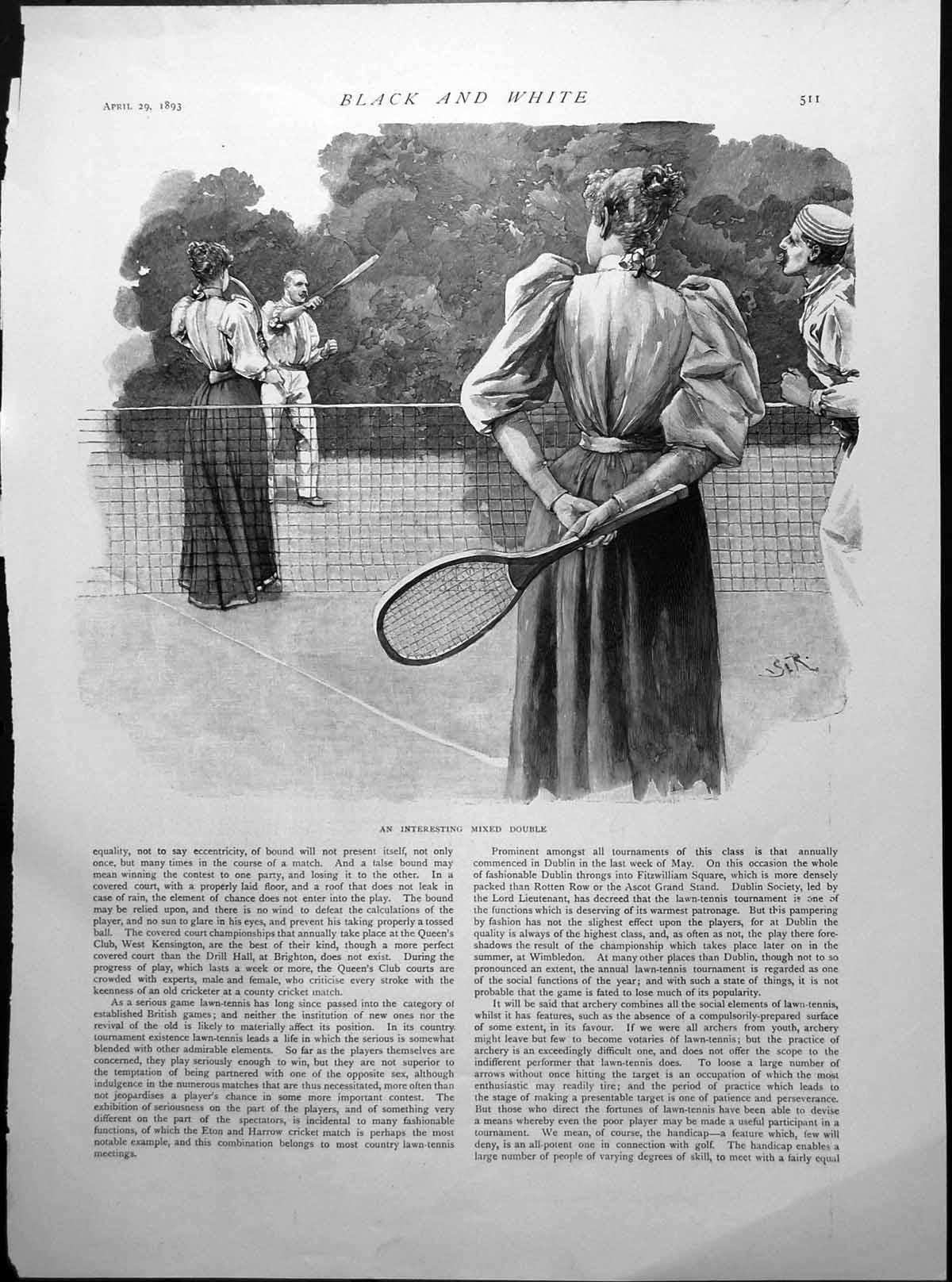 Old Print Mixed Double Lawn Tennis Gentleman'S Pipe After The Match 1893 19th