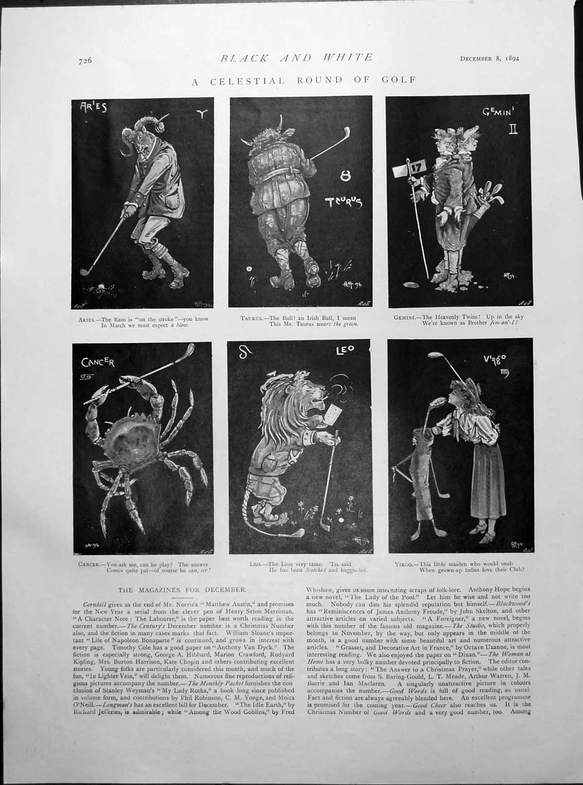 Antique Old Print Celestial Round Golf Aries Taurus Leo Wide Gape Hippo 1894