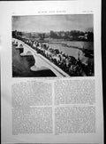 Antique Old Print Scene Putney Bridge Boat Race Spectators Banks Rowing 1894