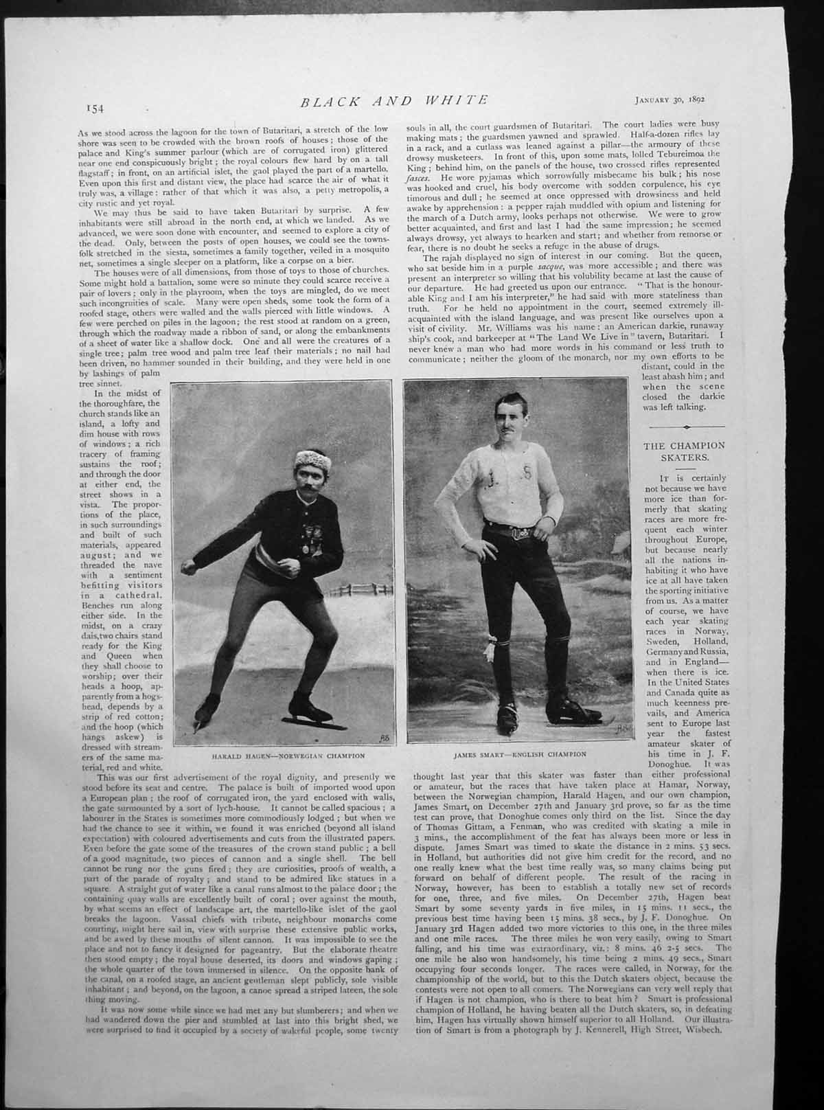 Antique Print Harald Hagen James Smart Skating Champions Woman Scene 1892 19th