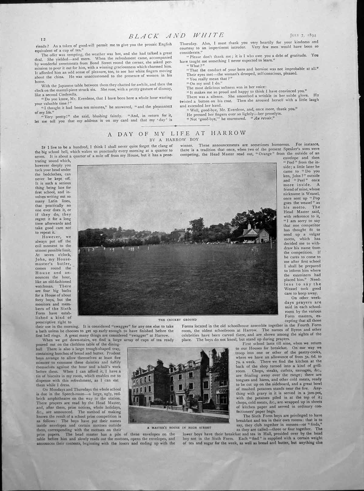 Antique Print Harrow Cricket Ground Master'S House Lady Gent Parlour 1894 19th