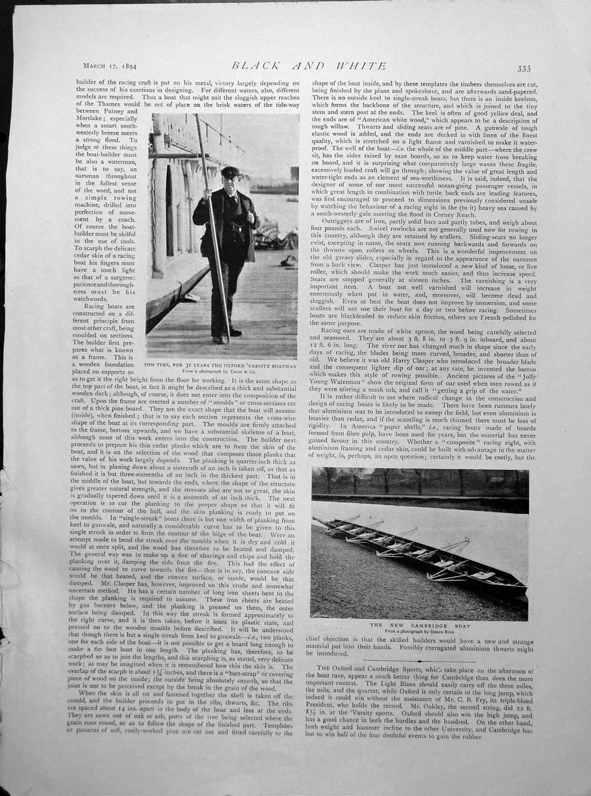 Antique Old Print Tom Tims University Oxford Boatman New Cambridge Boat 1894
