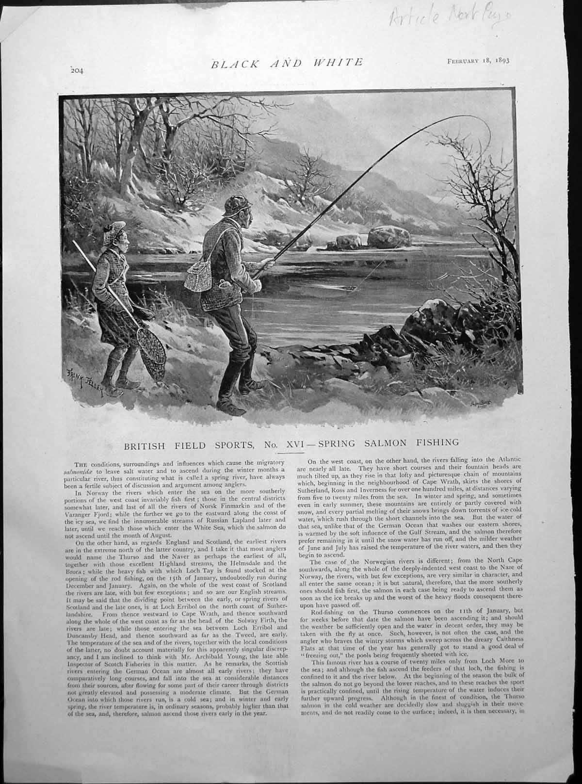 Old Print British Field Sports Salmon Fishing Spring Highland Gillie 1893 19th