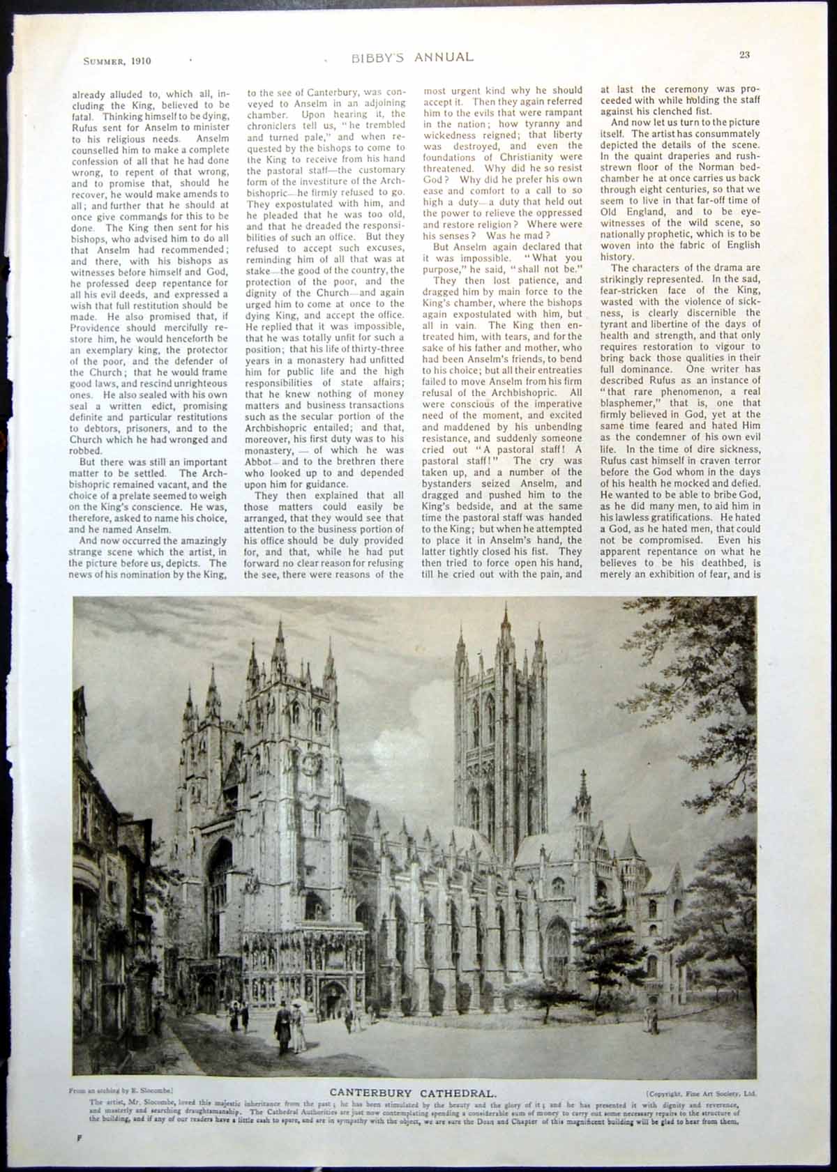Antique Old Print Canterbury Cathedral Exterior From Etching E Slocombe 1910