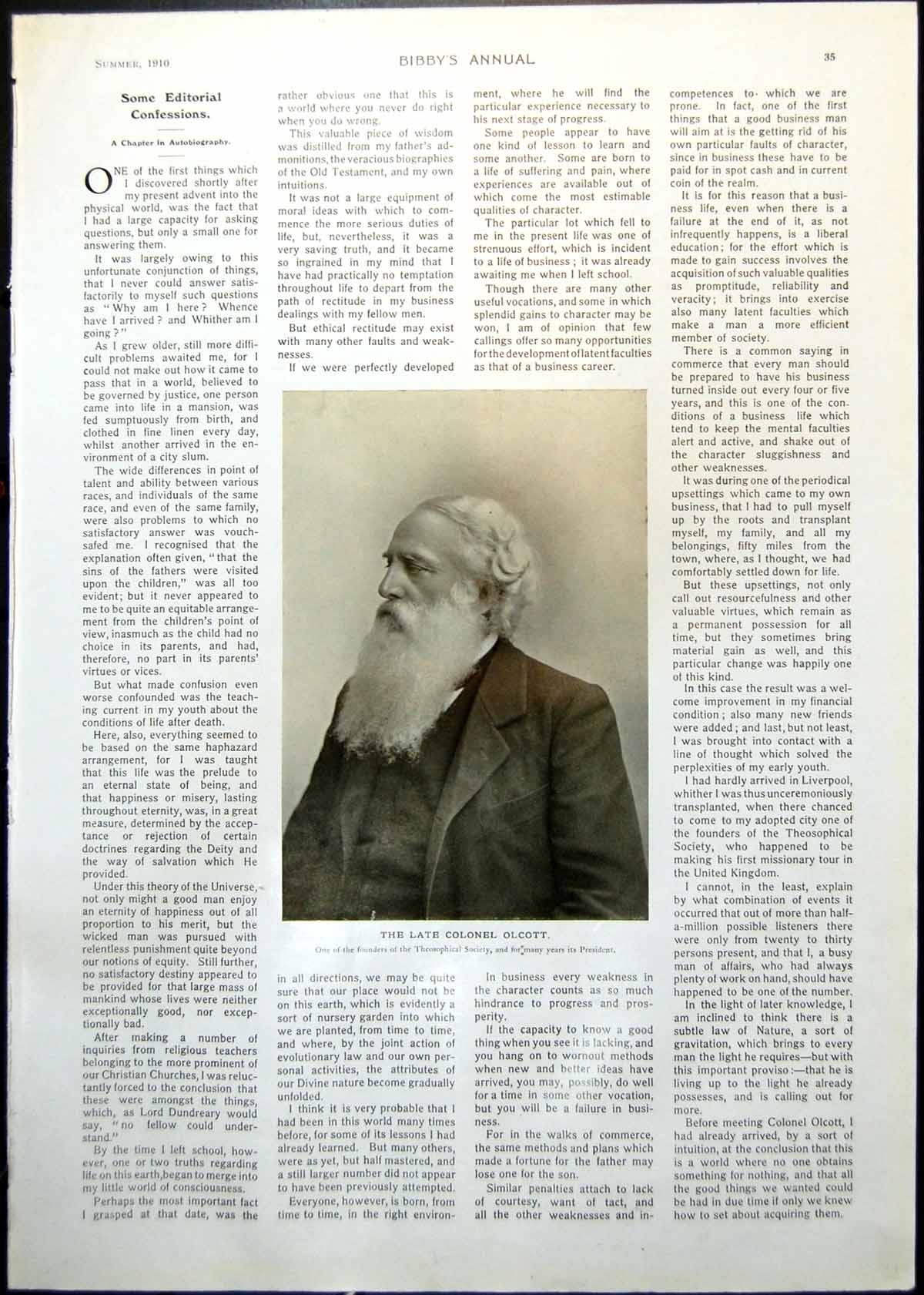 Antique Old Print Late Colonel Olcott Recent Photo Editor Bibby'S Annual 1910