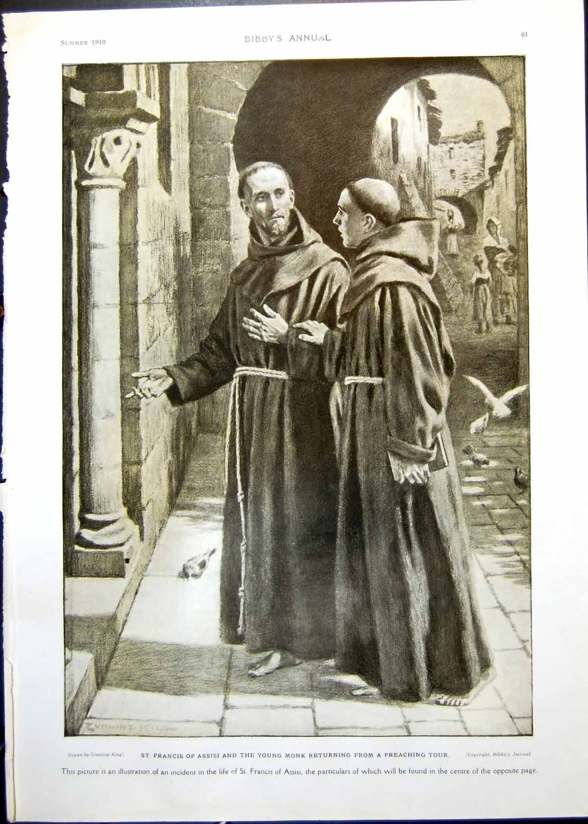 Antique Old Print St. Francis Assisi Young Monk G King Mrs Annie Besant 1910