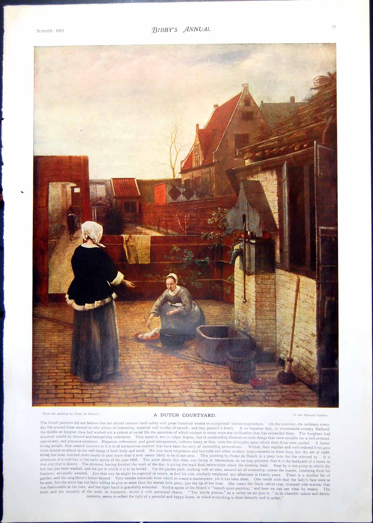 Antique Old Print Dutch Courtyard Pieter De Hooch Faults On Both Sides 1911