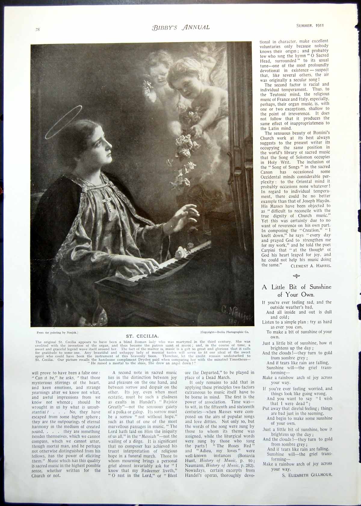 Old Print St. Cecilia From Painting Naujok Gloria In Excelsis Organ 1911 20th