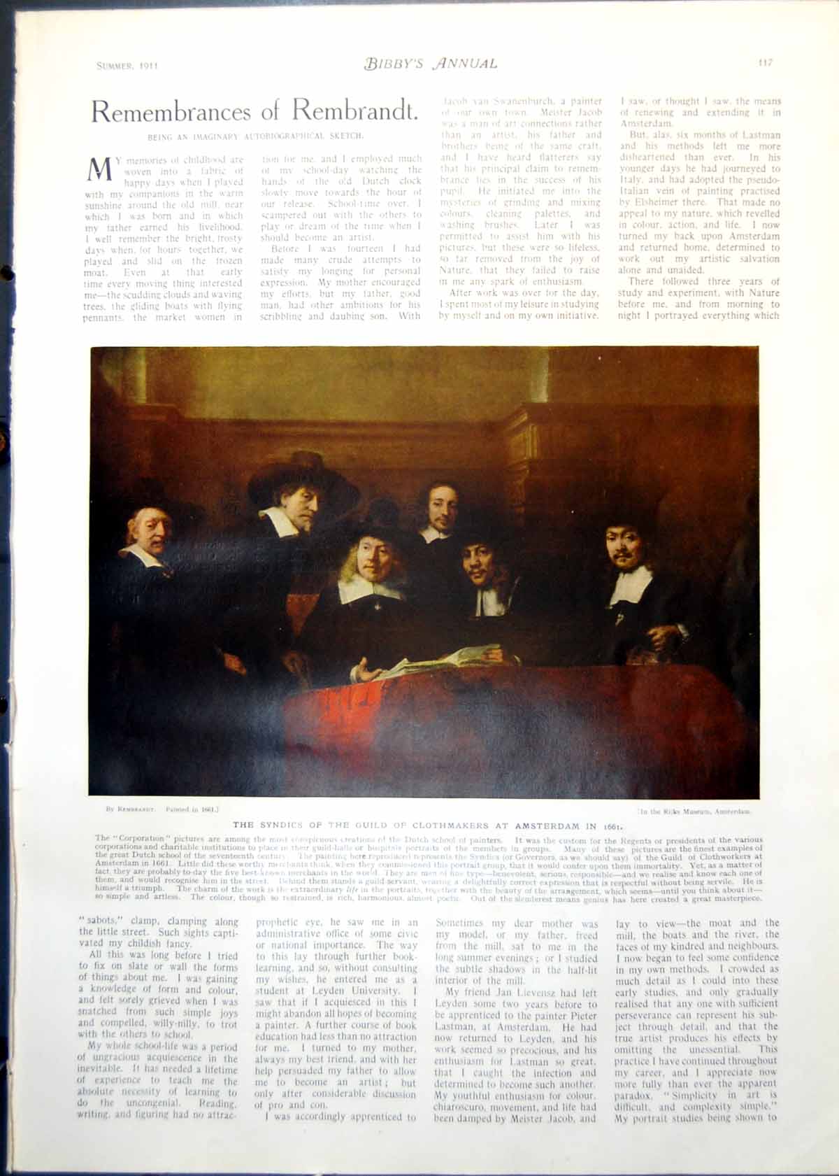 Antique Old Print Guild Clothmakers Amsterdam Rembrandt Self-Portraits 1911