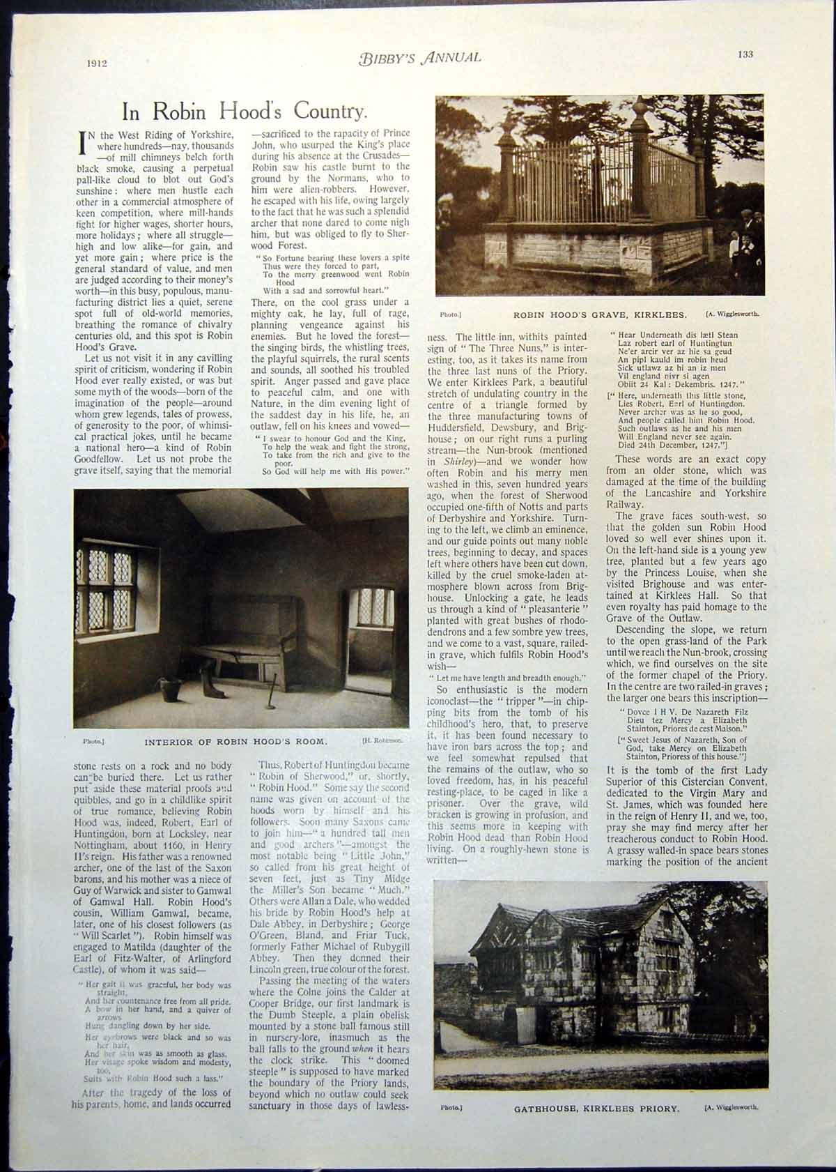 Antique Old Print Robin Hood Grave Room Gatehouse Death Thales Fielding 1912