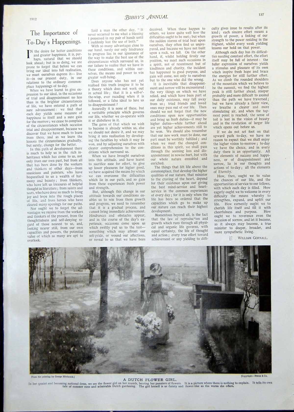 Antique Old Print Flower Girl Dutch Trees House Daughter Ghetto L Fildes 1912