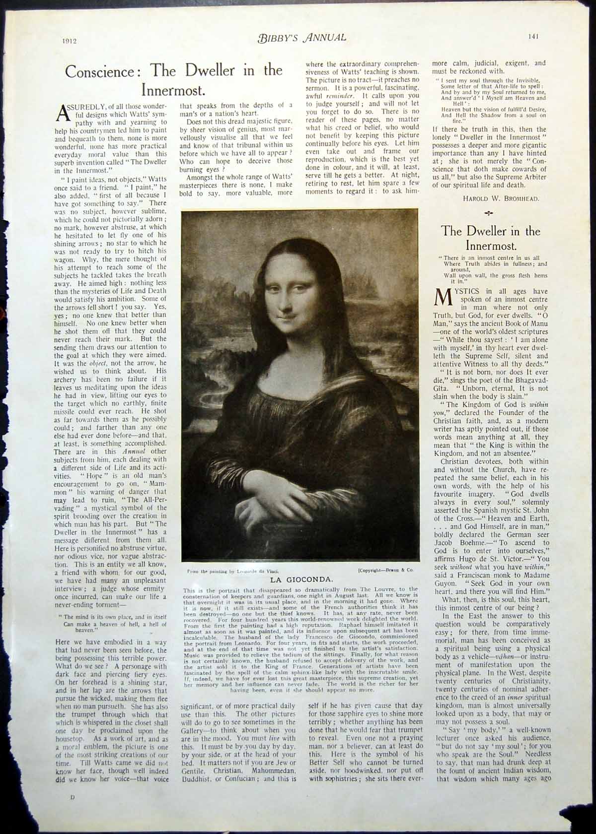 Antique Print Leonardo Da Vinci La Gioconda Lady Fruit Basket Eucharis 1912