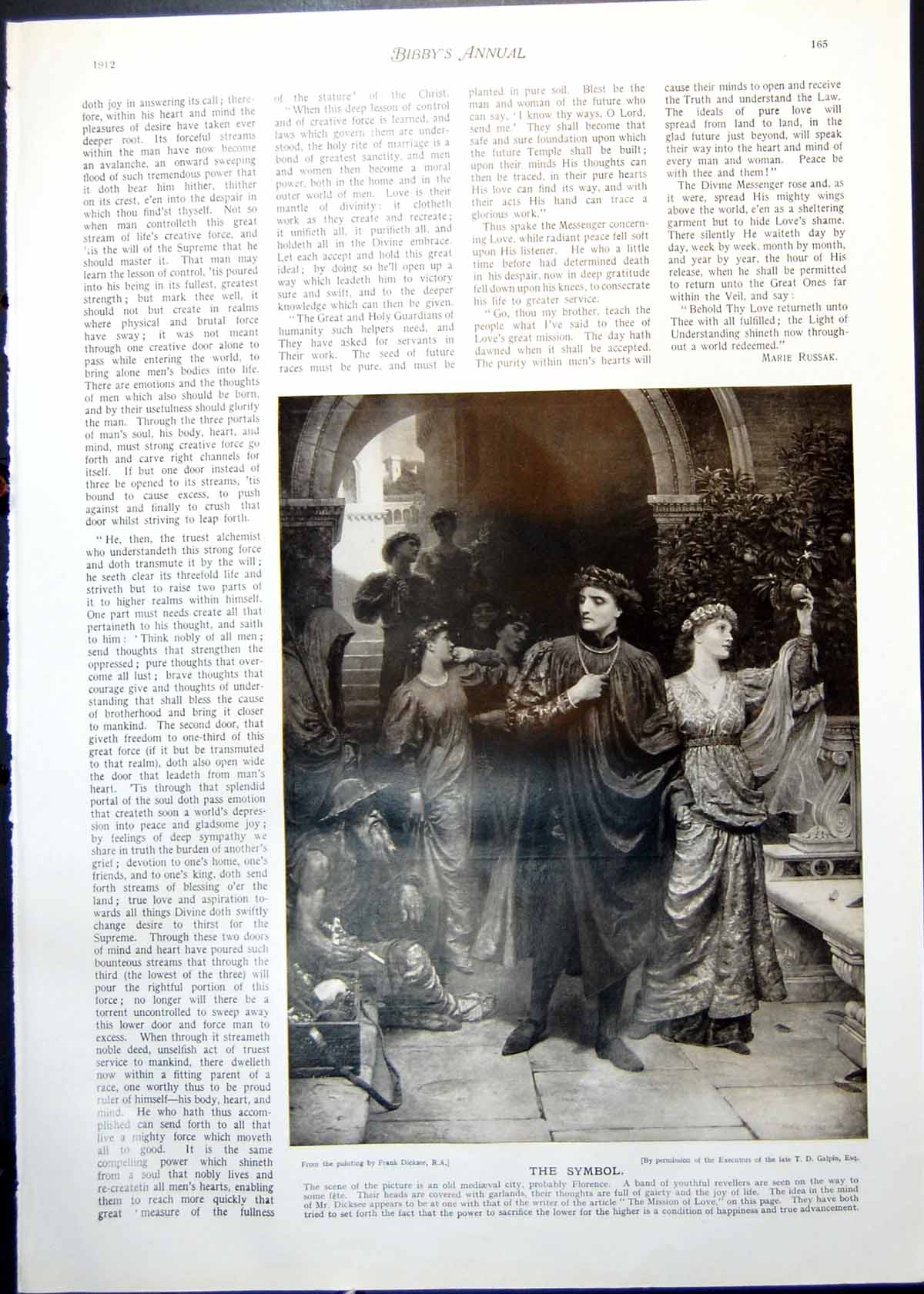 Antique Old Print F Dicksee The Symbol Mediaeval Scene Charles Dickens 1912