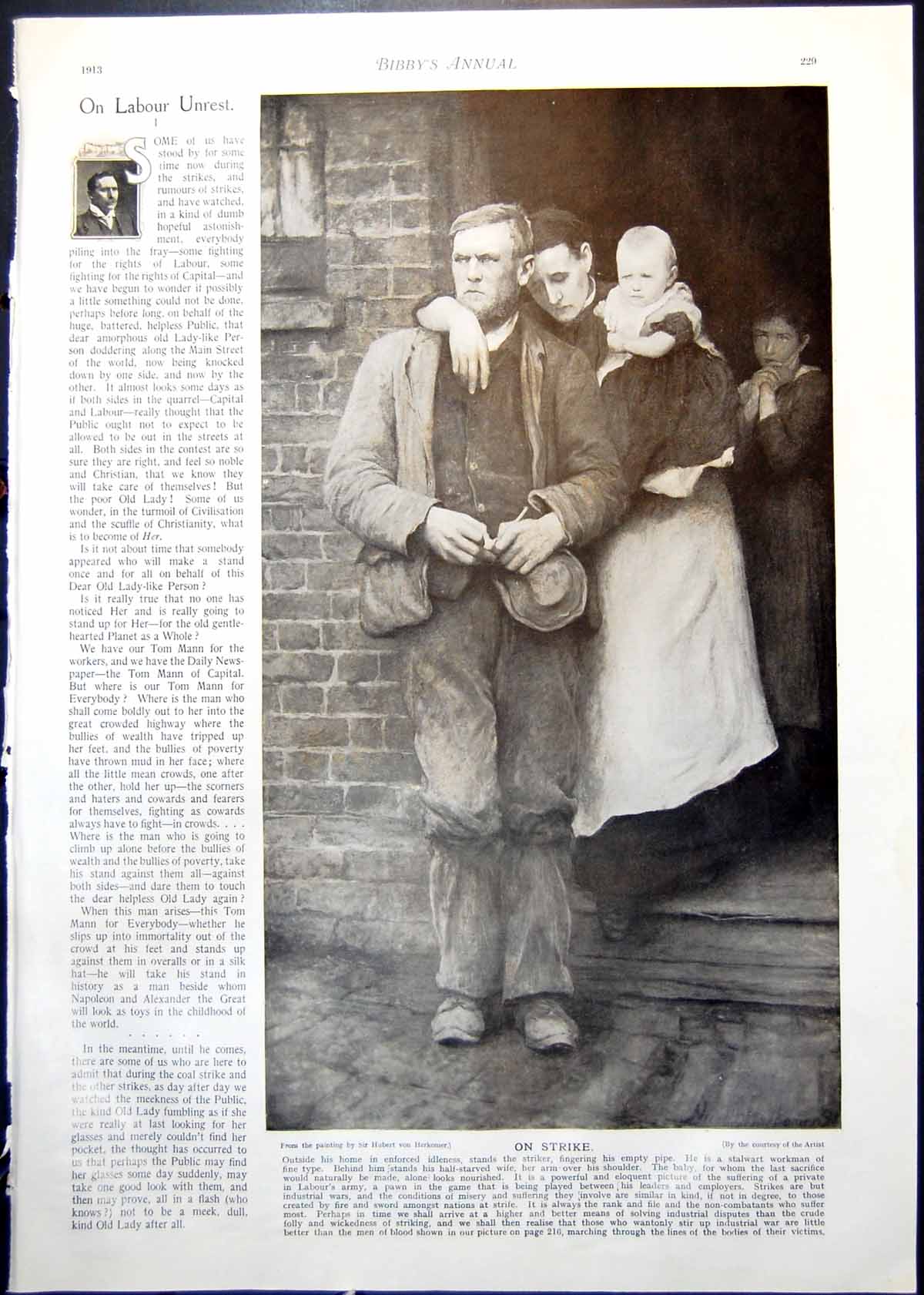 Original Old Antique Print H Von Herkomer On Strike Tc Taylor Portrait 1913
