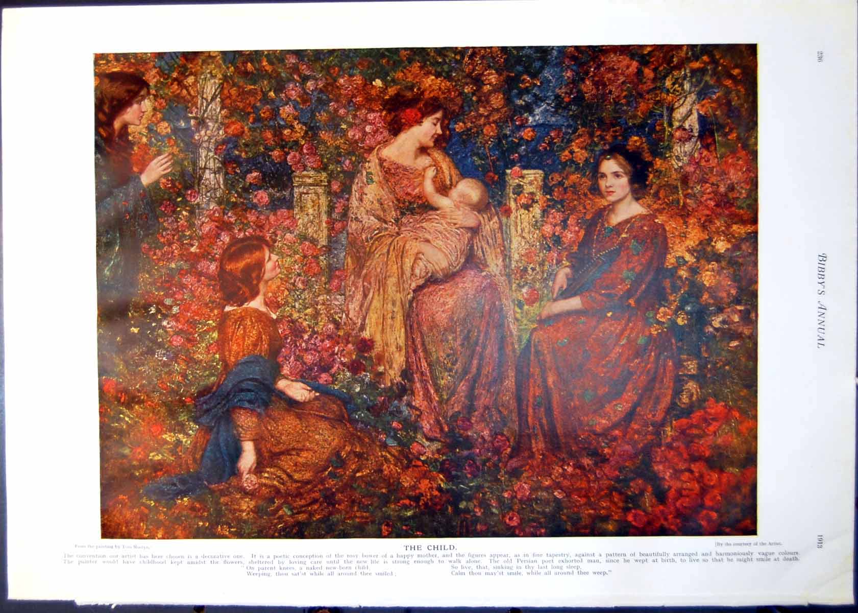 Antique Print Tom Mostyn The Child Ladies Bower King Charles Spaniels 1913 20th