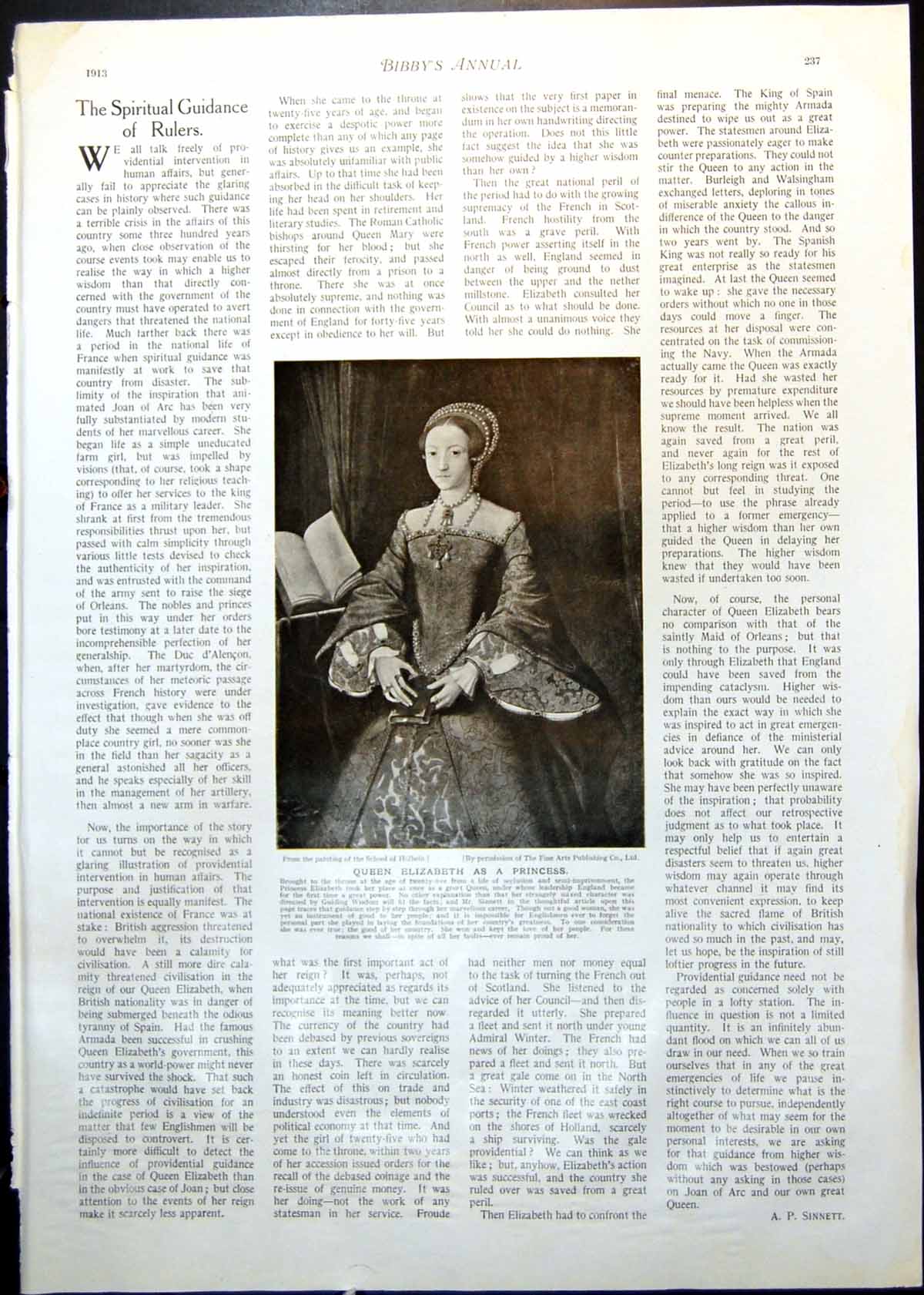 Antique Old Print Queen Elizabeth Princess Holbein Viscountess Churchill 1913