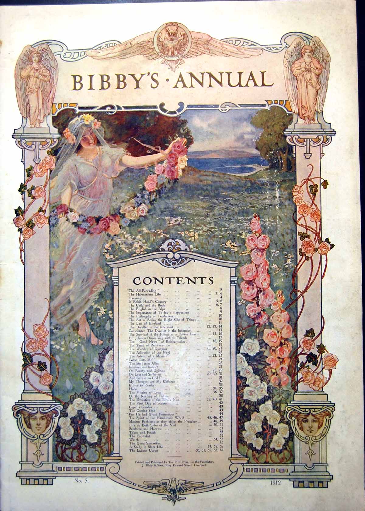 Antique Old Print Contents Lady Flower Meadow All-Pervading Crystal Ball 1912