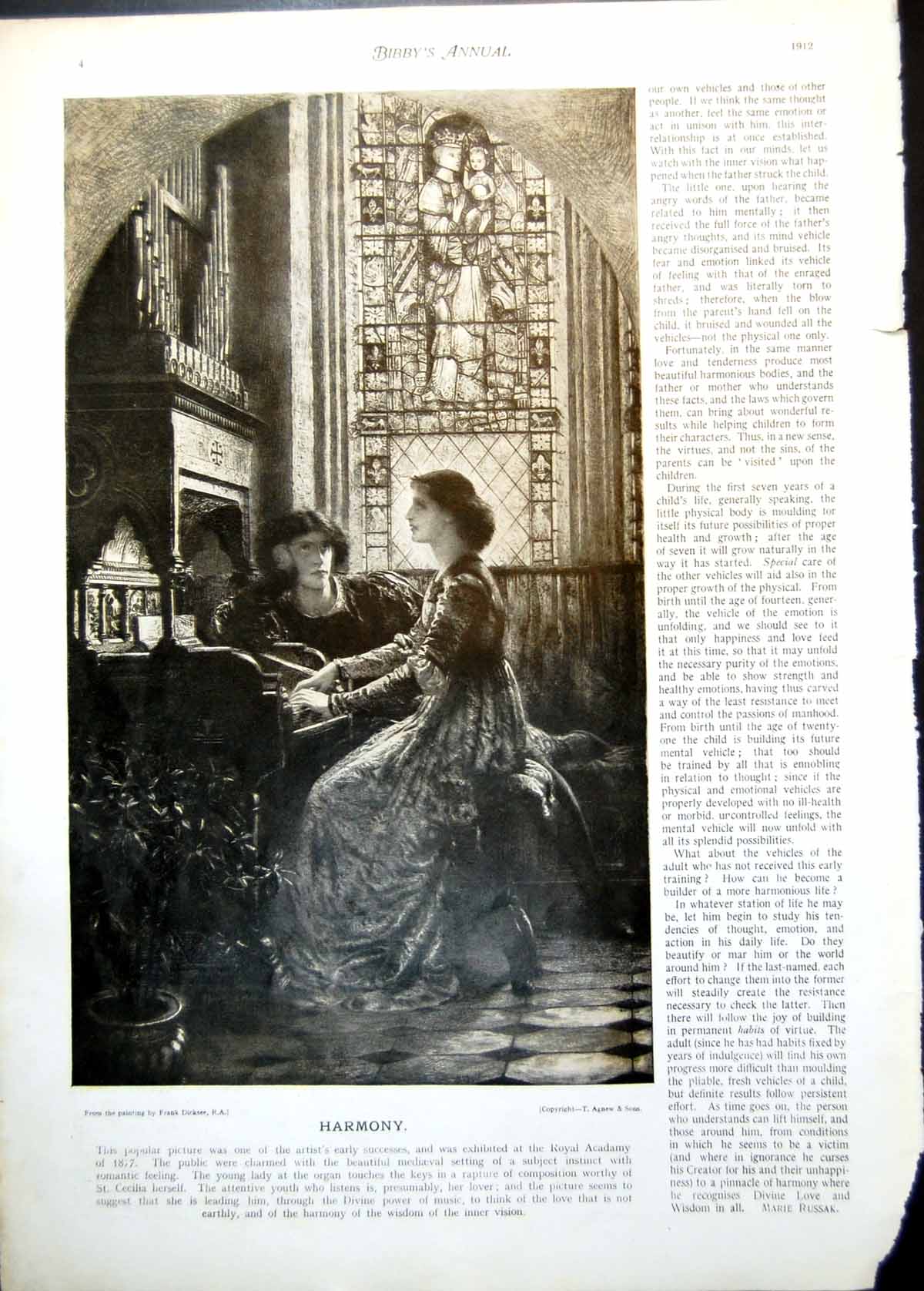 Antique Old Print Harmony Organ Playing F Dicksee Friends Horses Pigeons 1912