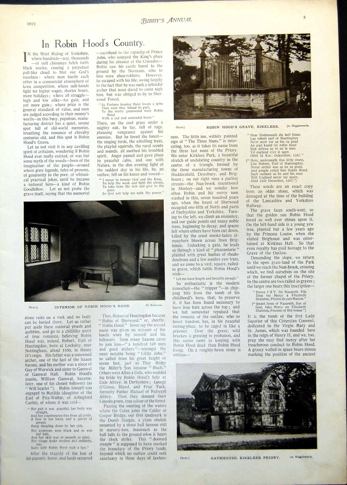 Antique Print Robin Hood'S Grave Room Gatehouse Kirklees Priory Death 1912 20th