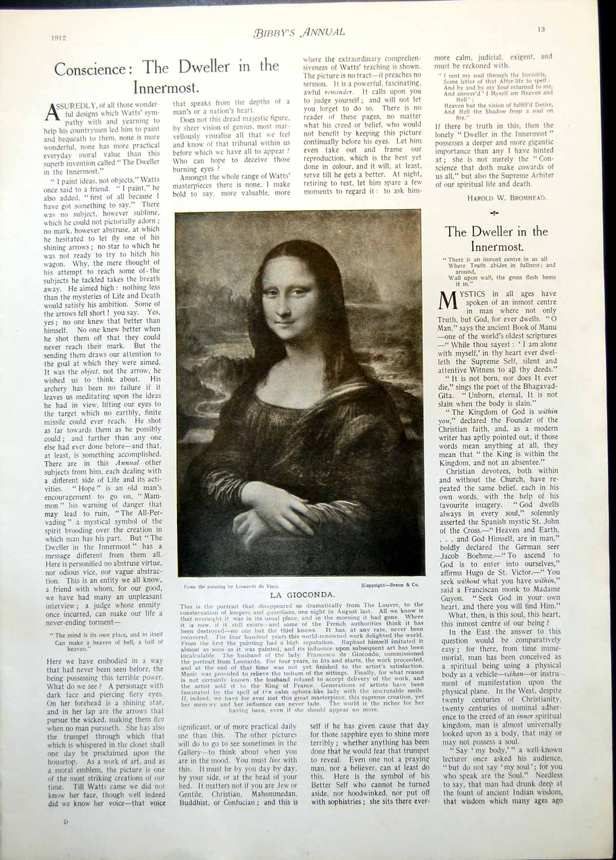 Old Print La Gioconda Leonardo Da Vinci Eucharis Lord Leighton Lady 1912 20th