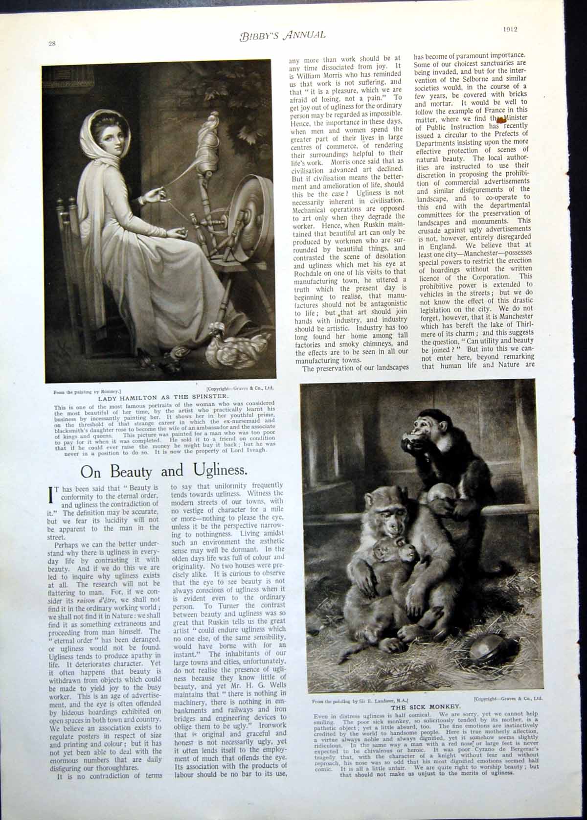 Antique Old Print Lady Hamilton Spinning Sick Monkey Mrs Annie Besant 1912 20th