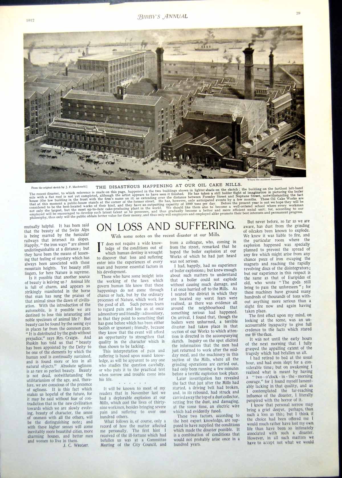 Antique Old Print Oil Cake Mills Before Explosion Polar Bears Shipwreck 1912