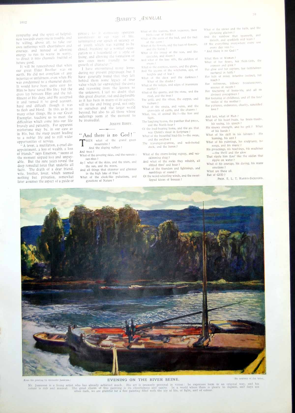 Old Print Evening River Seine A Jamieson Boats Lady Children Rabbit 1912 20th
