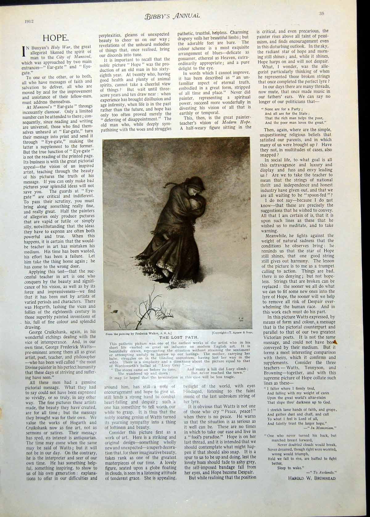 Antique Print Lost Path F Walker Lady Snow Hope Nursing Love J Reyns 1912 20th