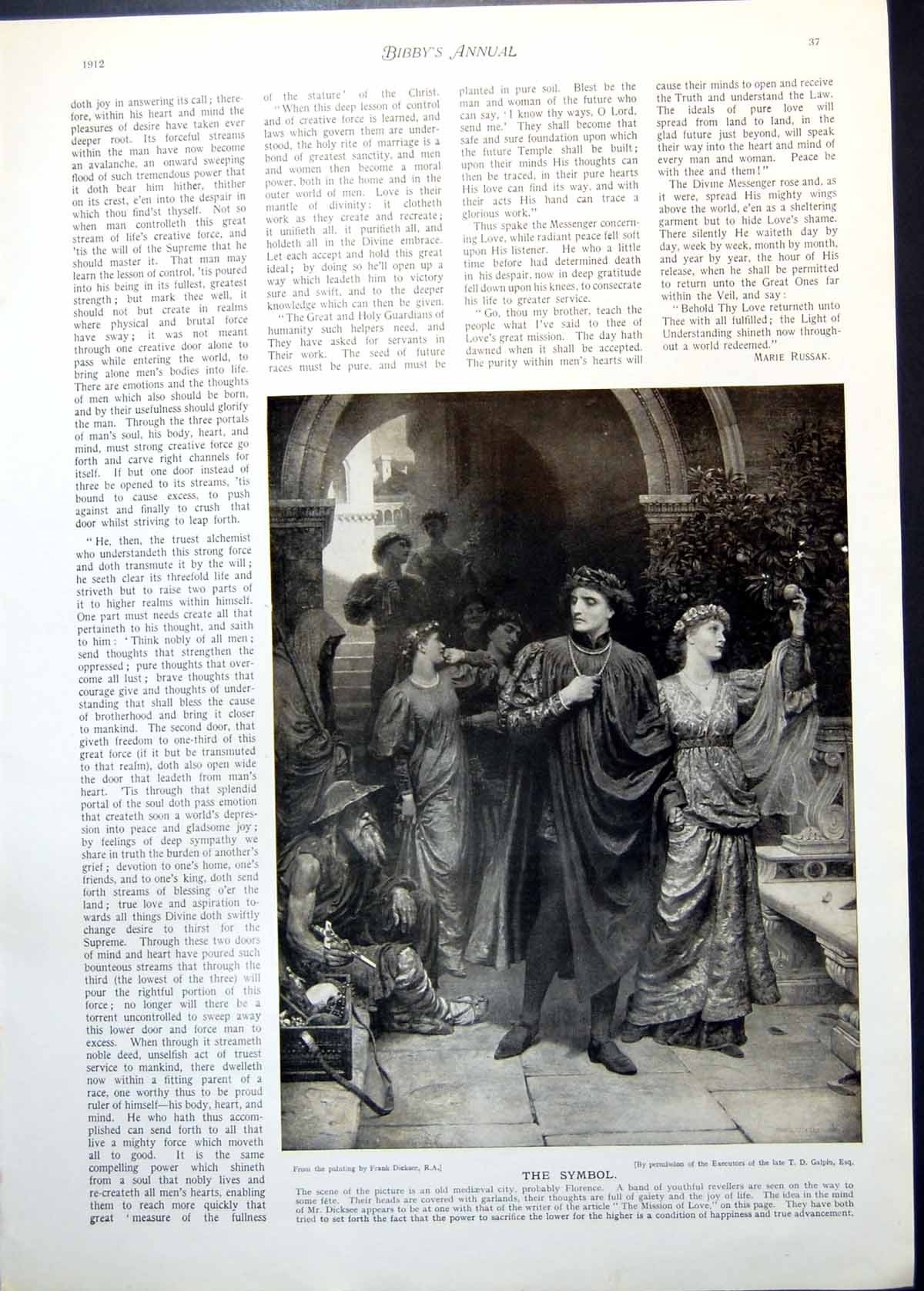 Old Print Symbol F Dicksee Mediaeval City Lady Gent Charles Dickens 1912 20th