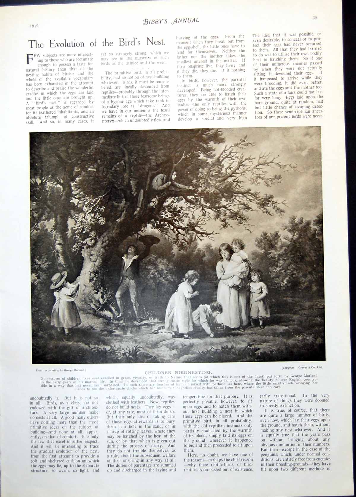 Antique Old Print Children Birdnesting Large Tree G Morland Nest Skylark 1912