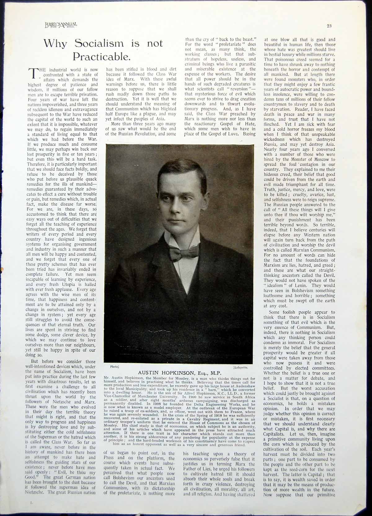 Antique Old Print Austin Hopkinson Mp Portrait Wood The Self-Murderers 1922