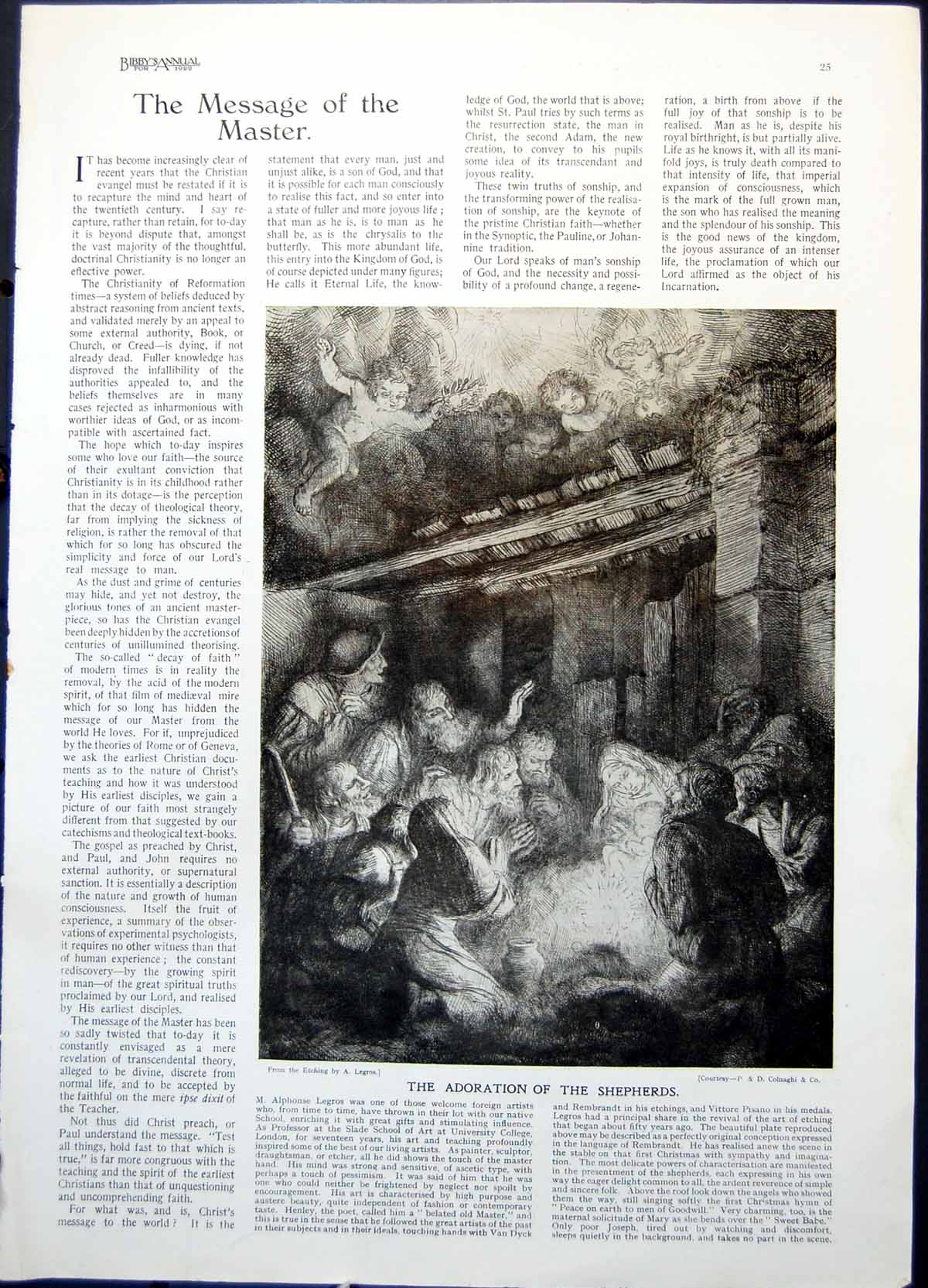 Antique Old Print Adoration Shepherds A Legros Return Prodigal J Aubert 1922