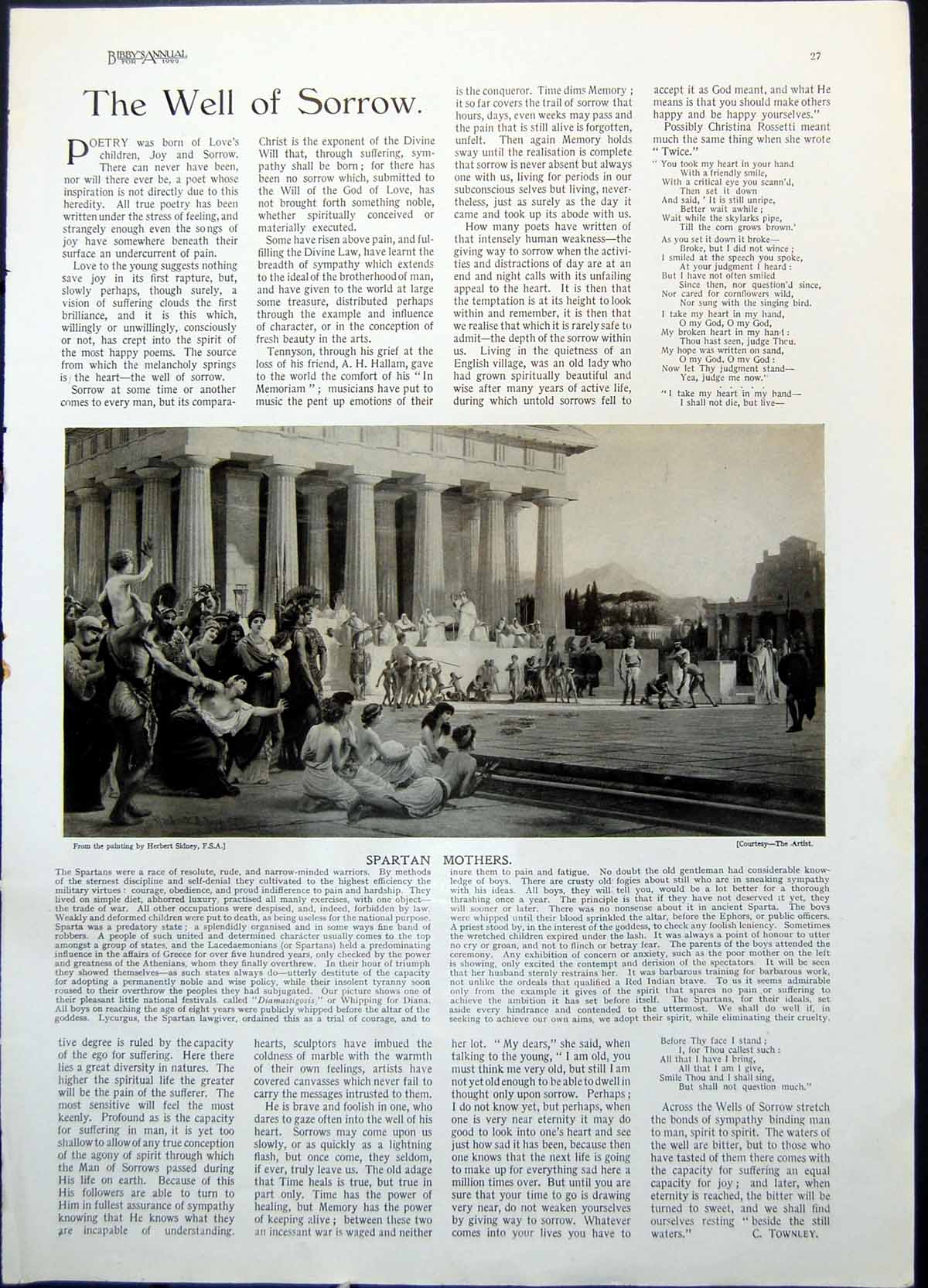 Antique Old Print Spartan Mothers Herbert Sidney Queen Victoria Smiling 1922