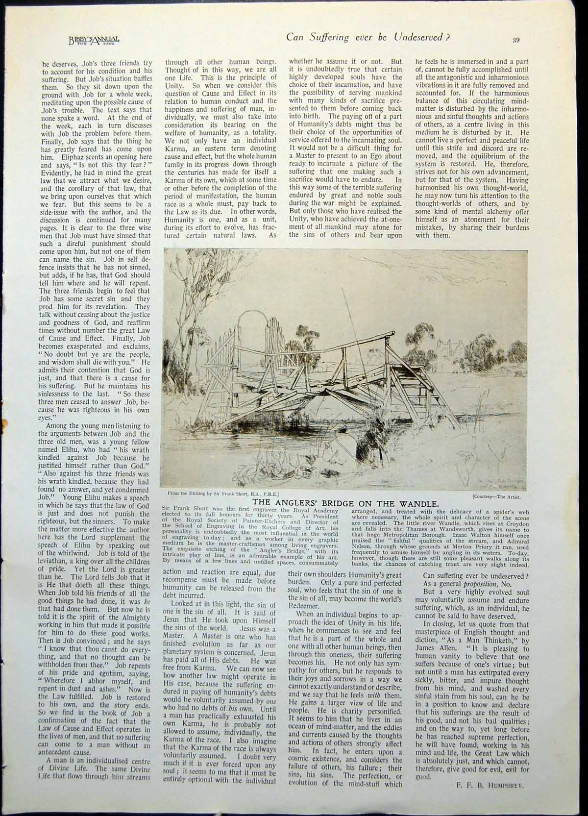 Antique Print Angler'S Bridge On The Wandle Infant Jesus Asleep Manger 1922