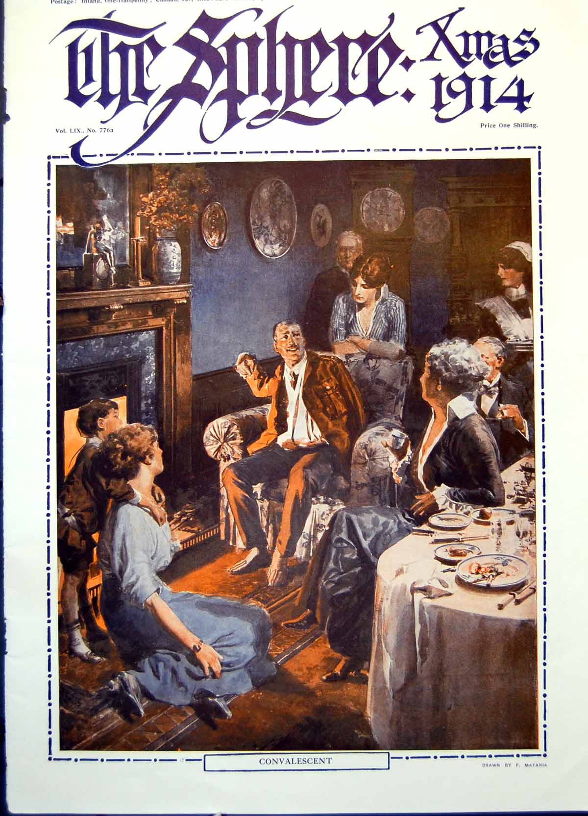 Antique Print Frontispiece Convalescent Sier Fireside Family Teatime 1914 20th