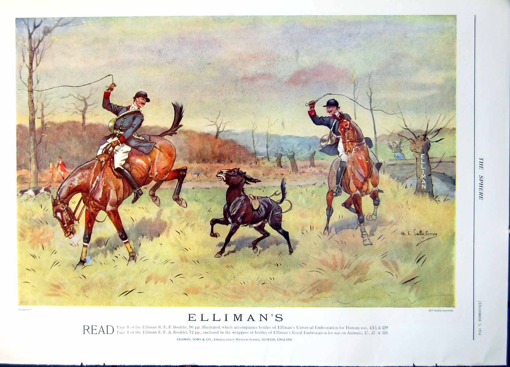 Antique Print Ellimans Embrocation Ad Huntsmen Searchlight War Allied 1914 20th
