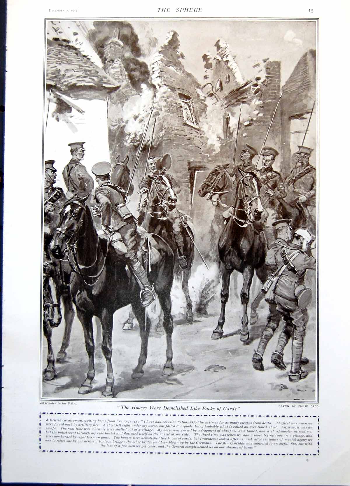 Antique Print Siers Horses Houses Demolished Battle Marne Liege Ladies 1914