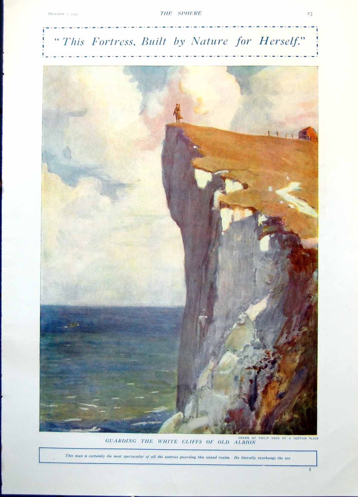 Old Print Guarding White Cliffs Dover P Dadd Sailors British Monitor 1914 20th