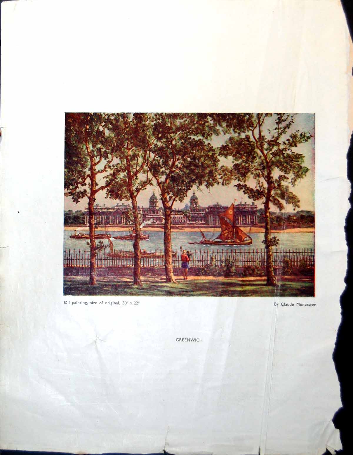 Old Greenwich Oil Painting Claude Muncaster Sail Boats Buildings 1947 20th