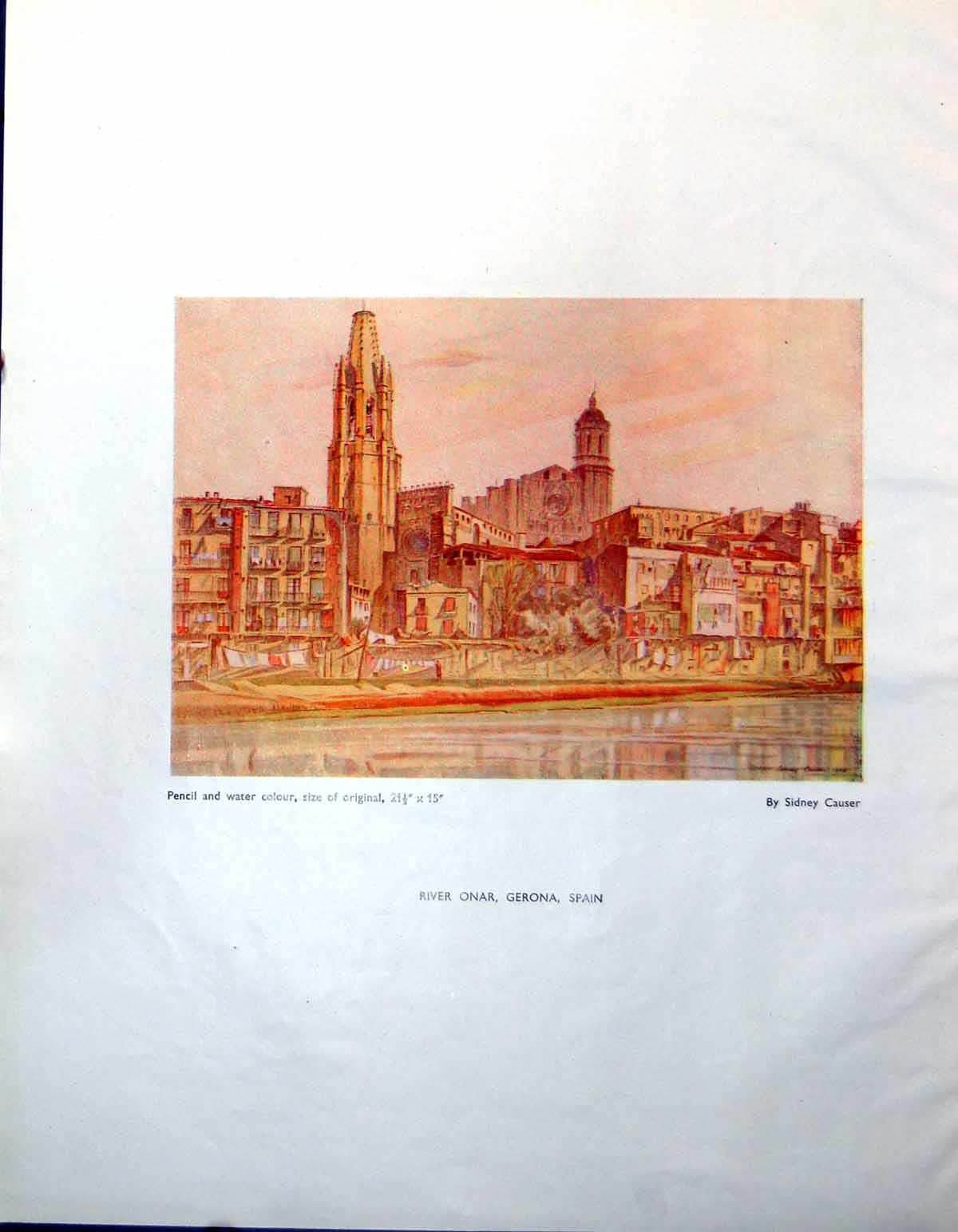 Antique Print River Onar Gerona Spain Sidney Causer Pencil Watercolour 1947