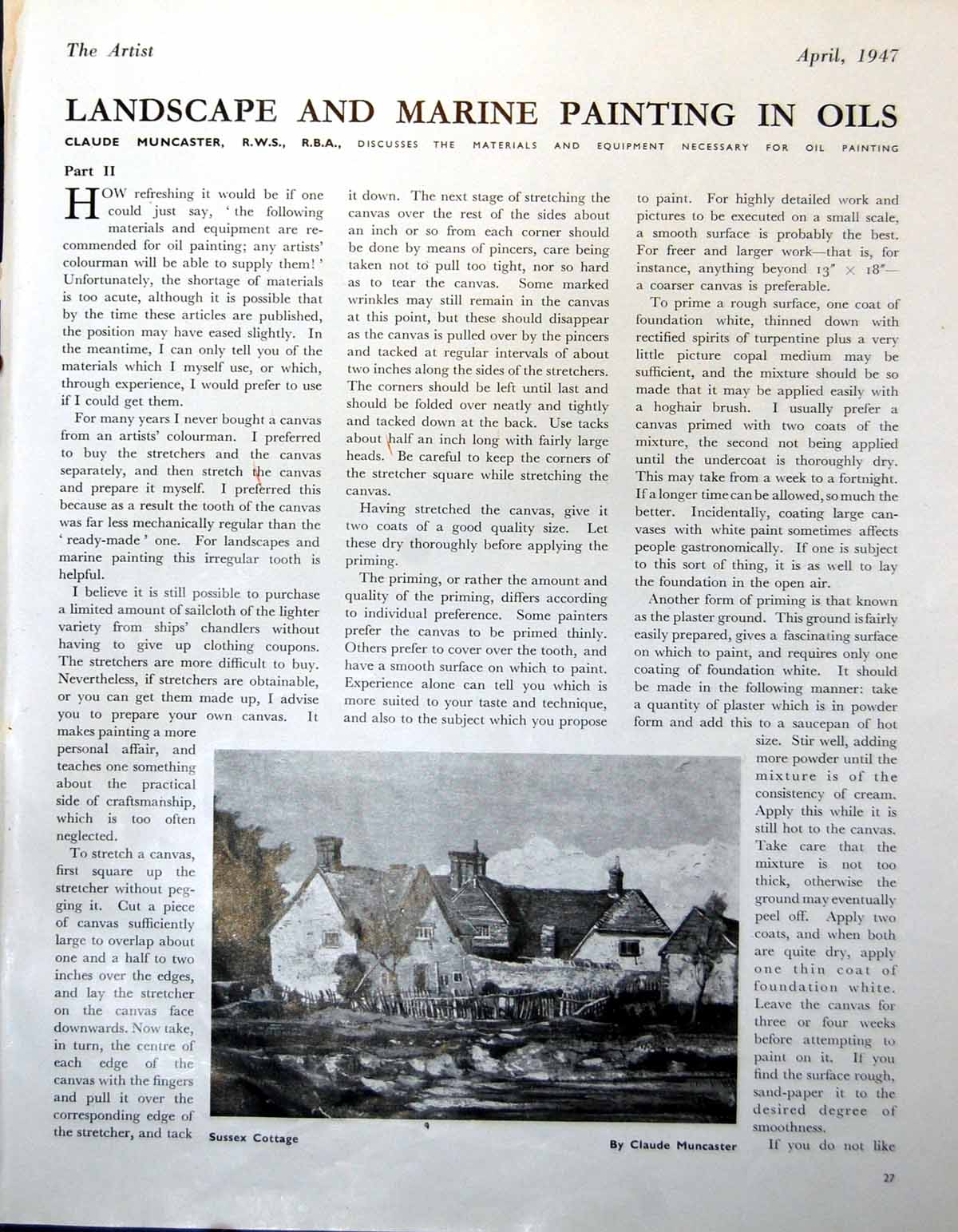 Antique Old Print Sussex Cottage Claude Muncaster Cornfield Windmill 1947 0 20th