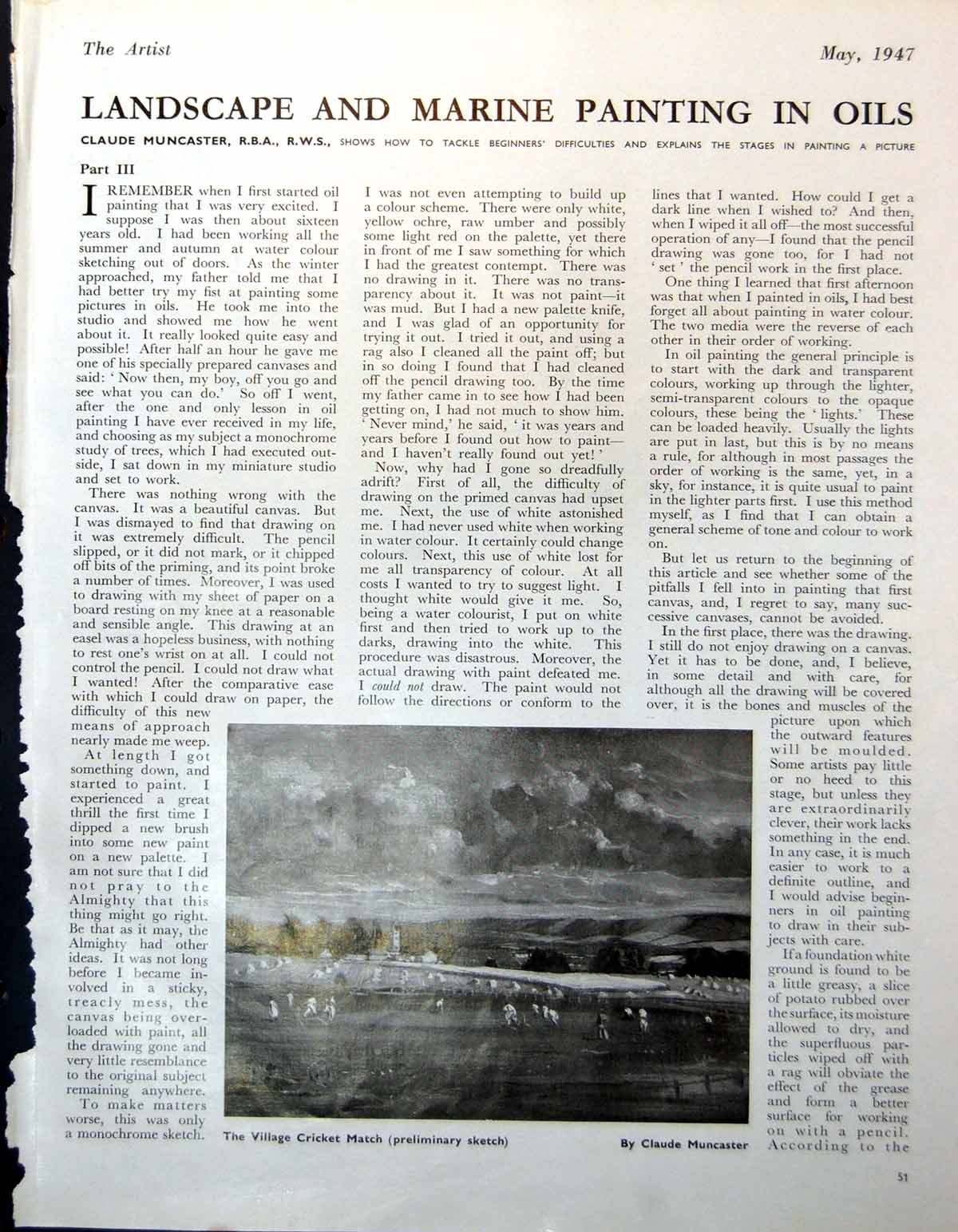 Antique Old Print Sketch Village Cricket Match C Muncaster Sailing Boat 1947 0