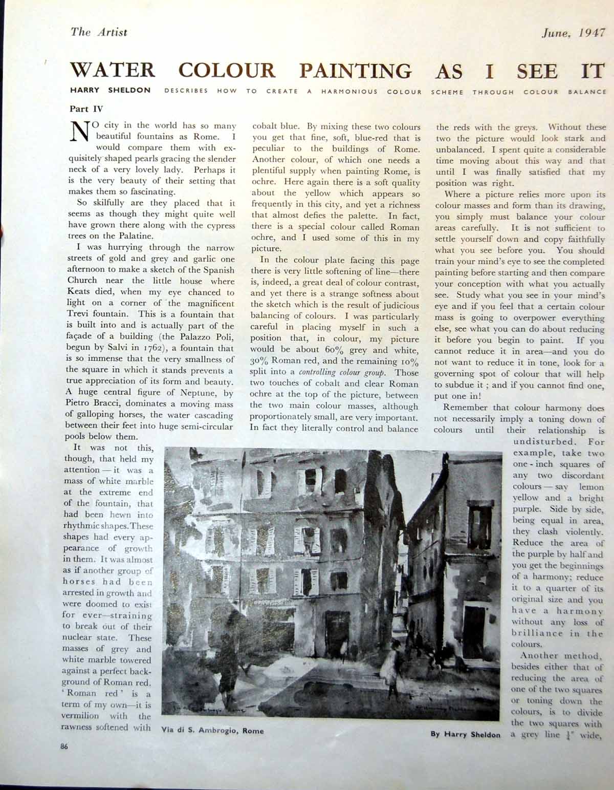 Antique Old Print Via Di S. Ambrogio Rome Harry Sheldon Buildings People 1947