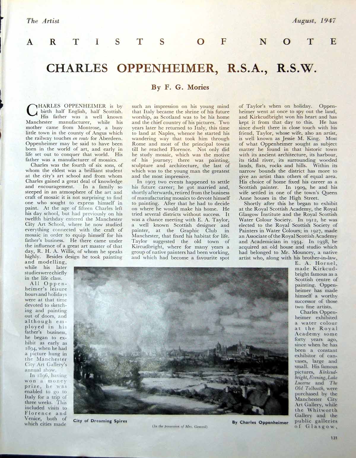 Antique Old Print City Dreaming Spires Charles Oppenheimer Galloway Dam 1947