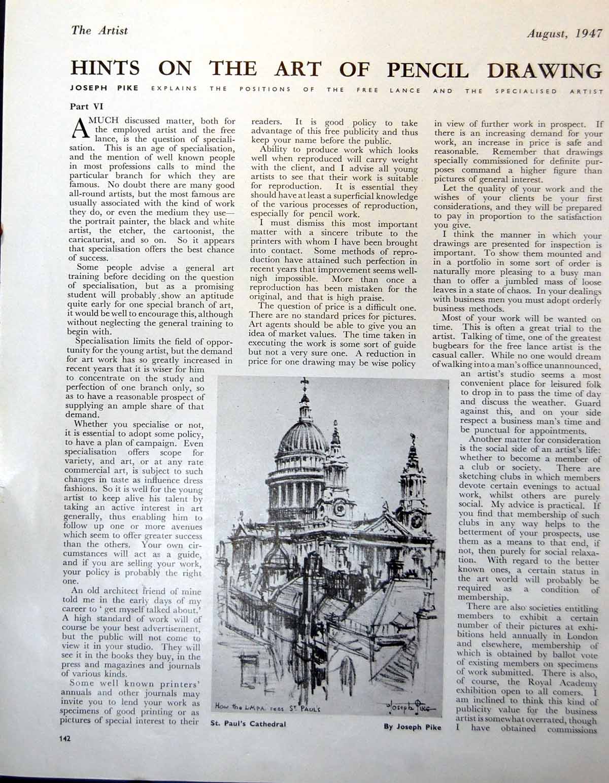 Original Old Vintage Print Joseph Pike St. Paul'S Cathedral London 1947 20th